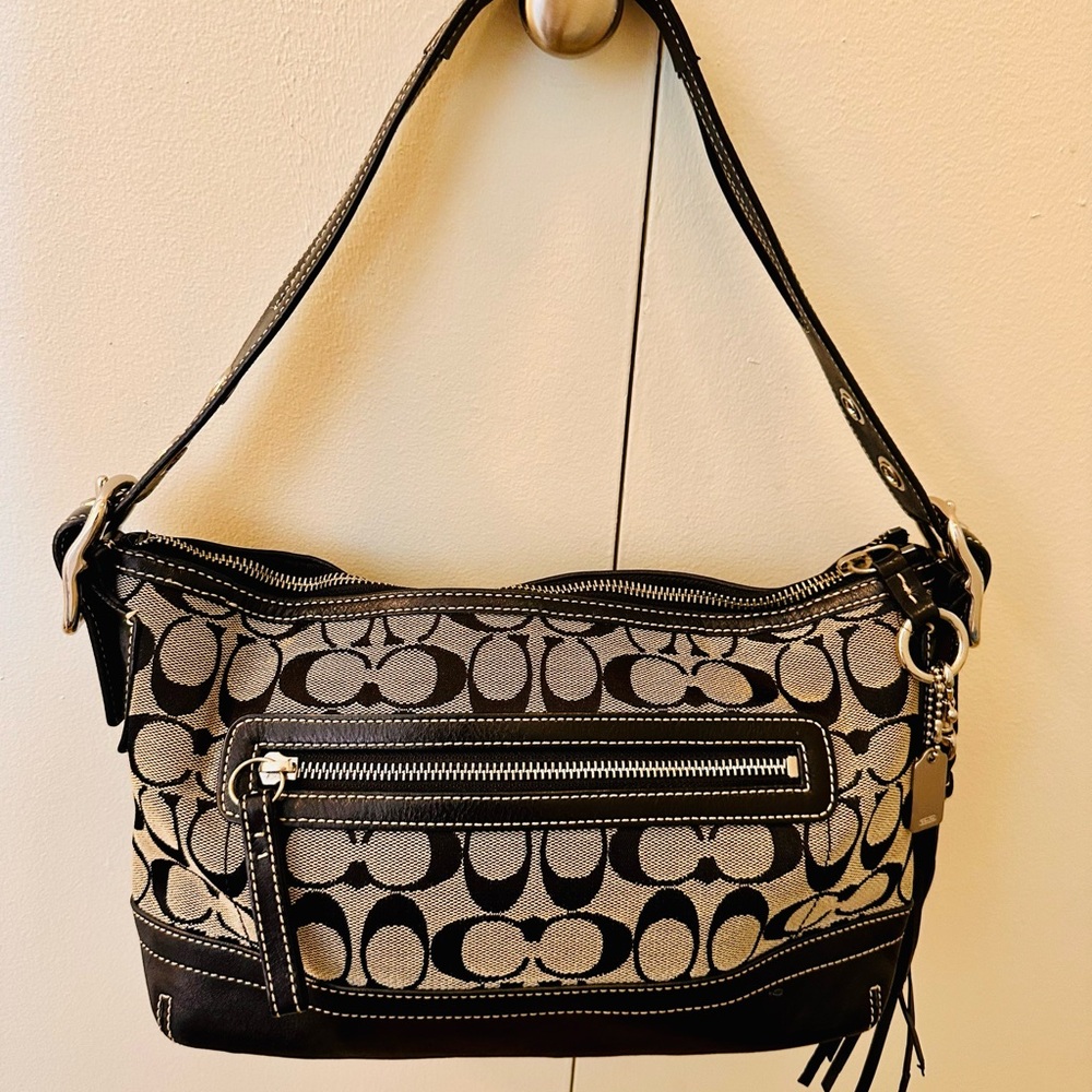 Coach Signature Black and Cream Shoulder Bag